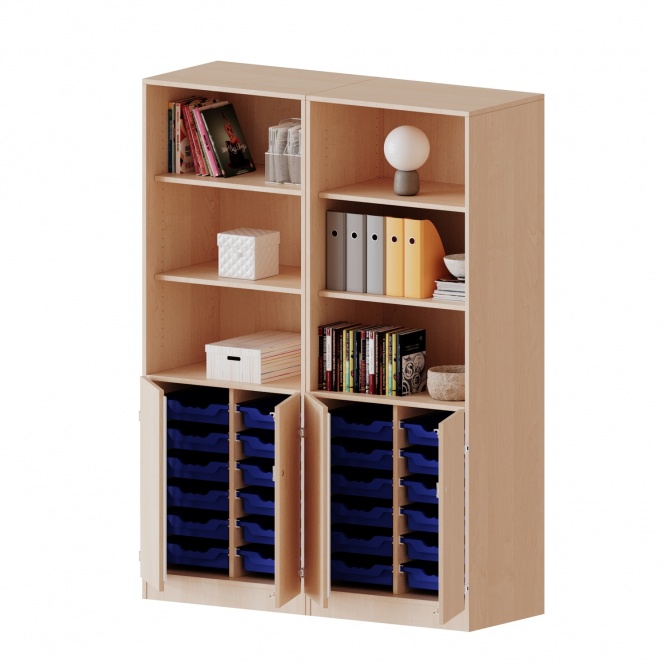 ErgoTray Schrank, 4reihig, 2OH unten Türen, 24 flache Boxen, oben 3OH Regal, B/H/T 140,6x190x50cm 